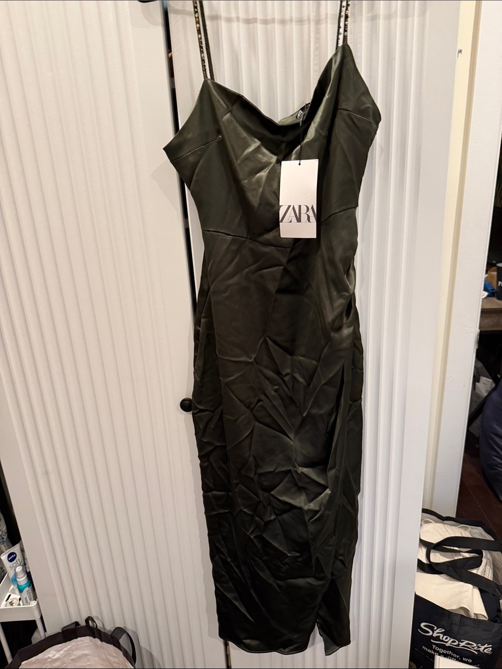ZARA Dark Olive Slip Midi Dress with Cowl Neck
